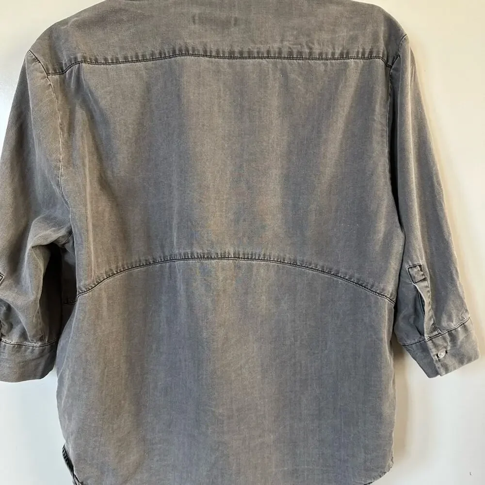 Zara Washed Charcoal Gray V-Neck Button-Tab Blouse - Picture 11 of 13